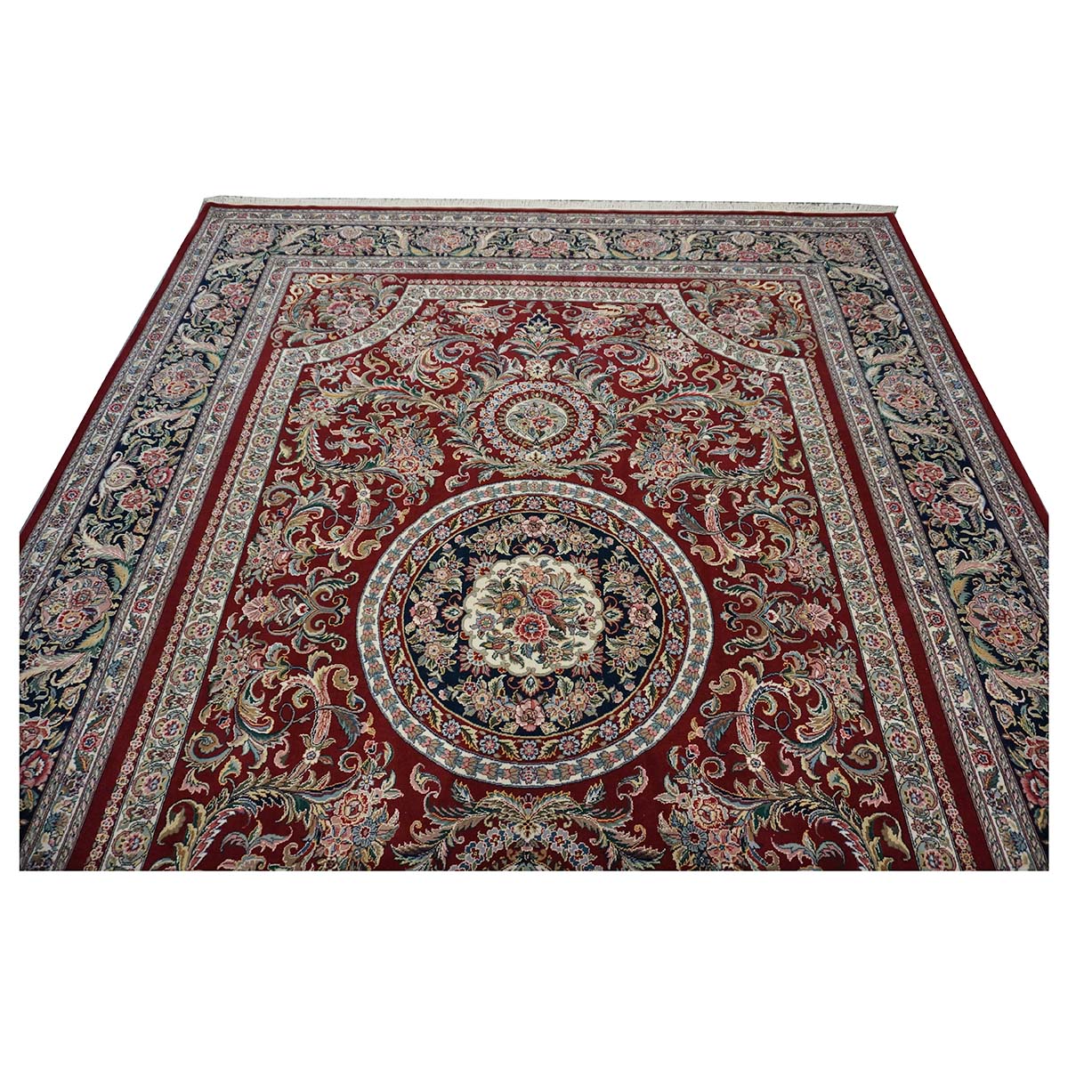 Sino-Persian Tabriz Wool & Silk 9x12 Red & Navy Handmade Area Rug #1144228