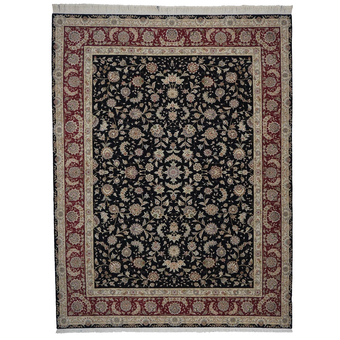 Sino-Persian Tabriz Wool & Silk 9x12 Black & Red Handmade Area Rug #1144230