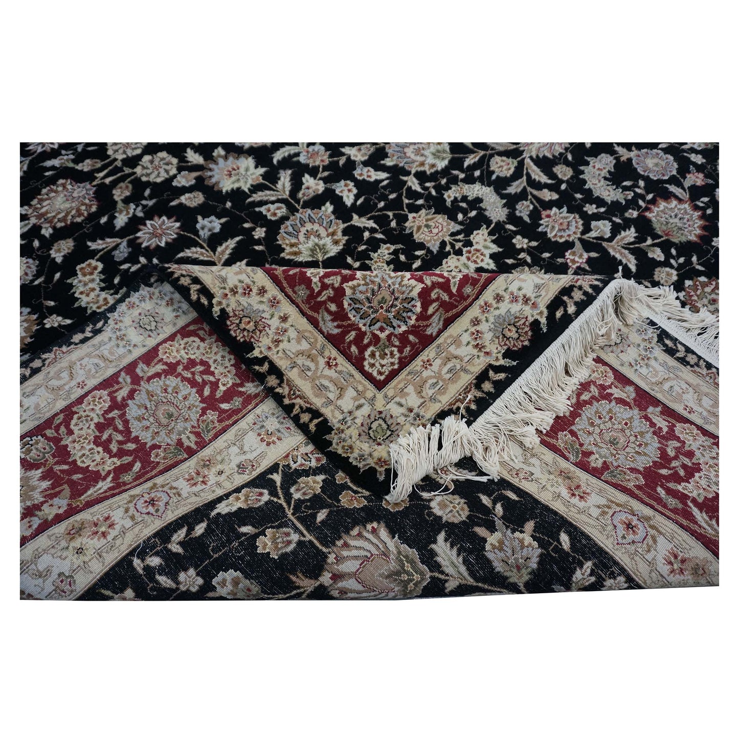 Sino-Persian Tabriz Wool & Silk 9x12 Black & Red Handmade Area Rug #1144230