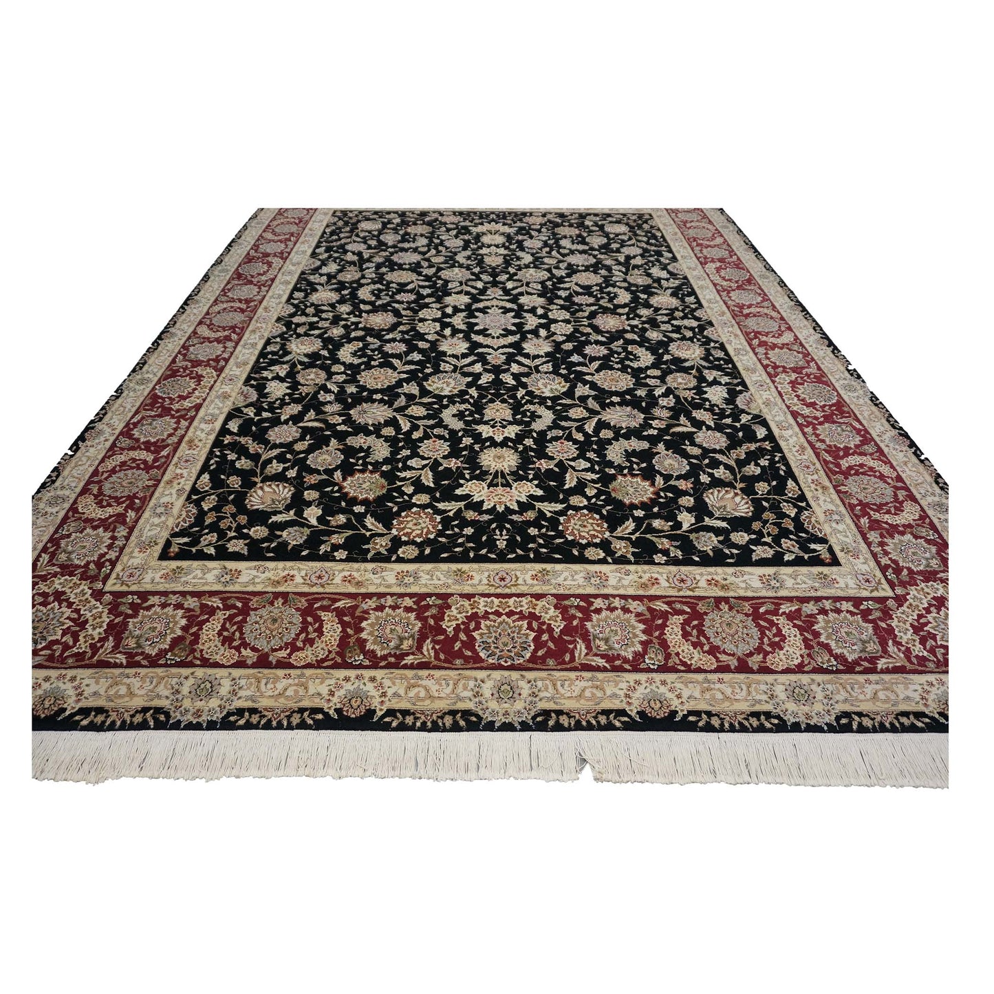 Sino-Persian Tabriz Wool & Silk 9x12 Black & Red Handmade Area Rug #1144230