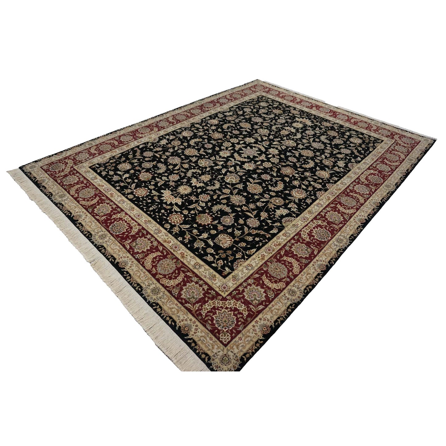 Sino-Persian Tabriz Wool & Silk 9x12 Black & Red Handmade Area Rug #1144230