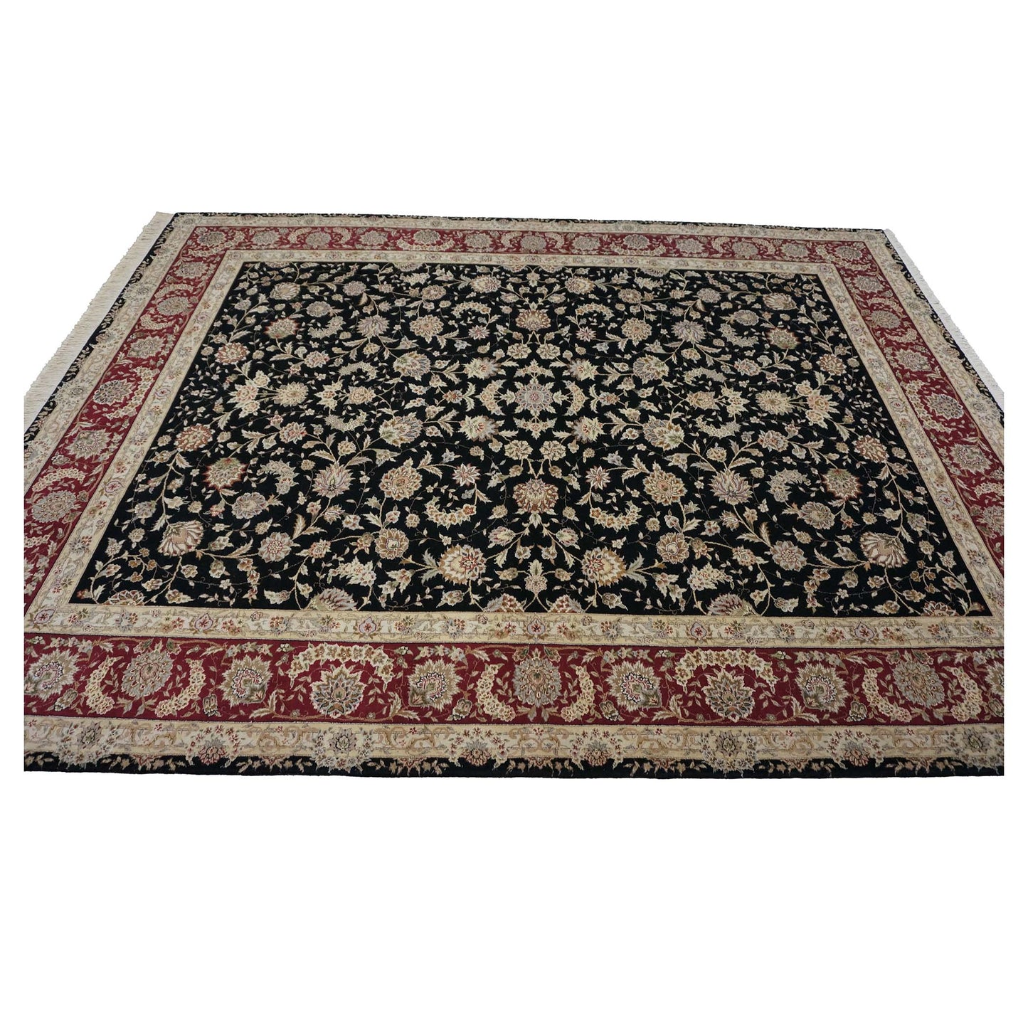 Sino-Persian Tabriz Wool & Silk 9x12 Black & Red Handmade Area Rug #1144230