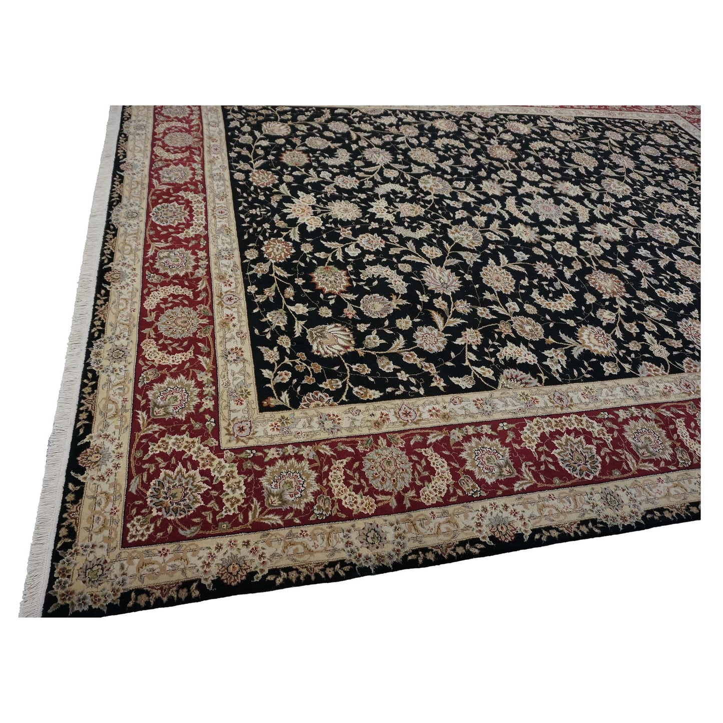 Sino-Persian Tabriz Wool & Silk 9x12 Black & Red Handmade Area Rug #1144230