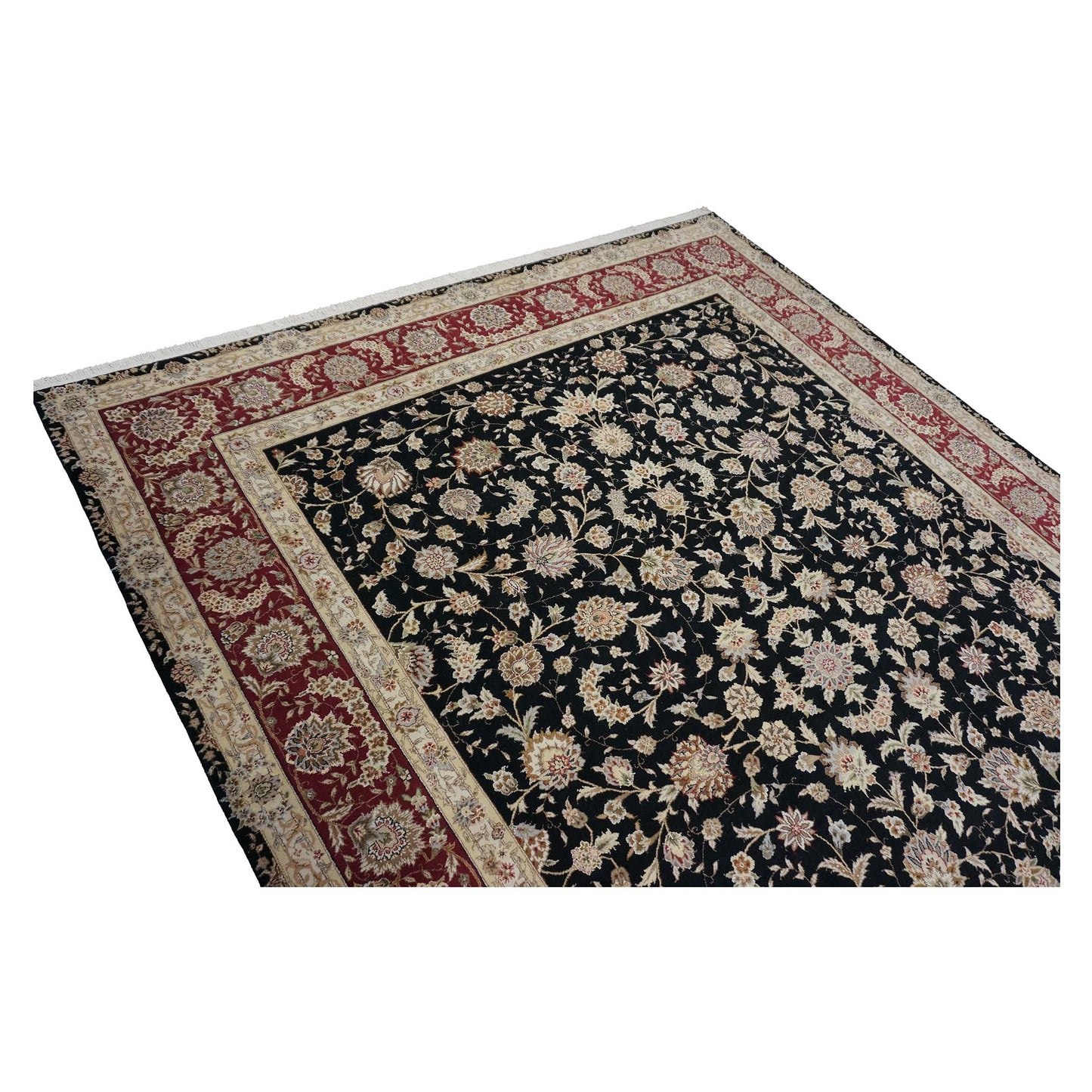 Sino-Persian Tabriz Wool & Silk 9x12 Black & Red Handmade Area Rug #1144230