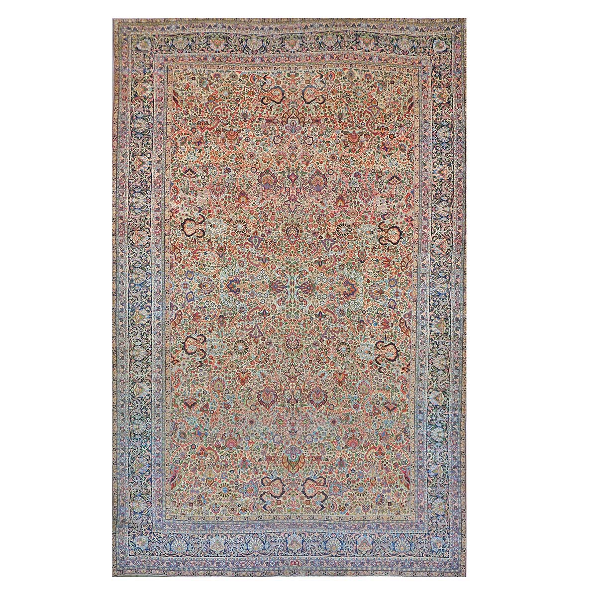 Antique Persian Kerman Lavar Wool 14x22 Ivory & Multicolored Handmade Oversized Area Rug #1144363