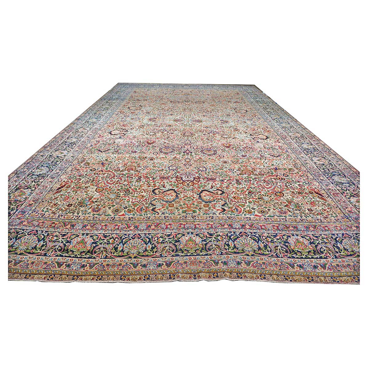 Antique Persian Kerman Lavar Wool 14x22 Ivory & Multicolored Handmade Oversized Area Rug #1144363