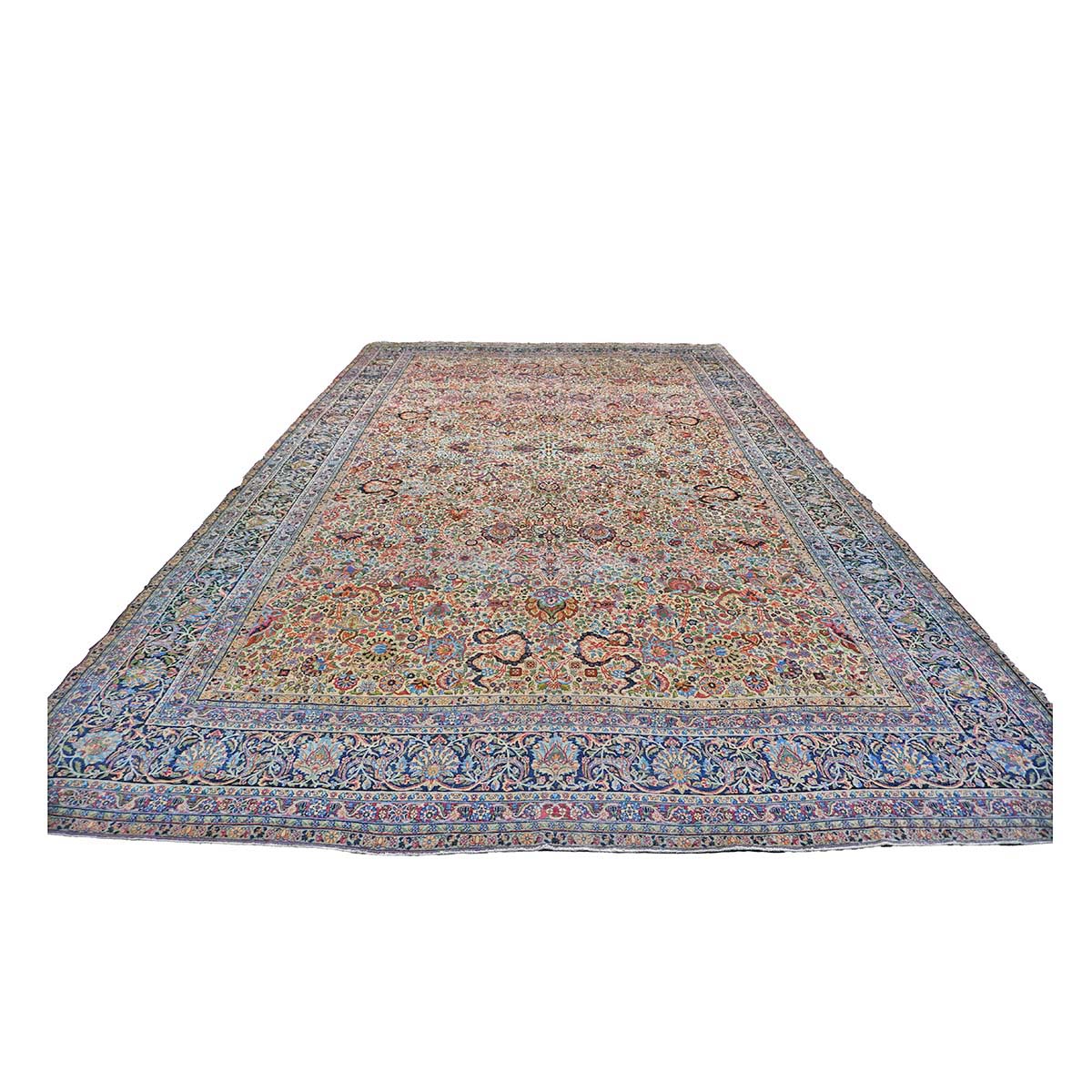 Antique Persian Kerman Lavar Wool 14x22 Ivory & Multicolored Handmade Oversized Area Rug #1144363