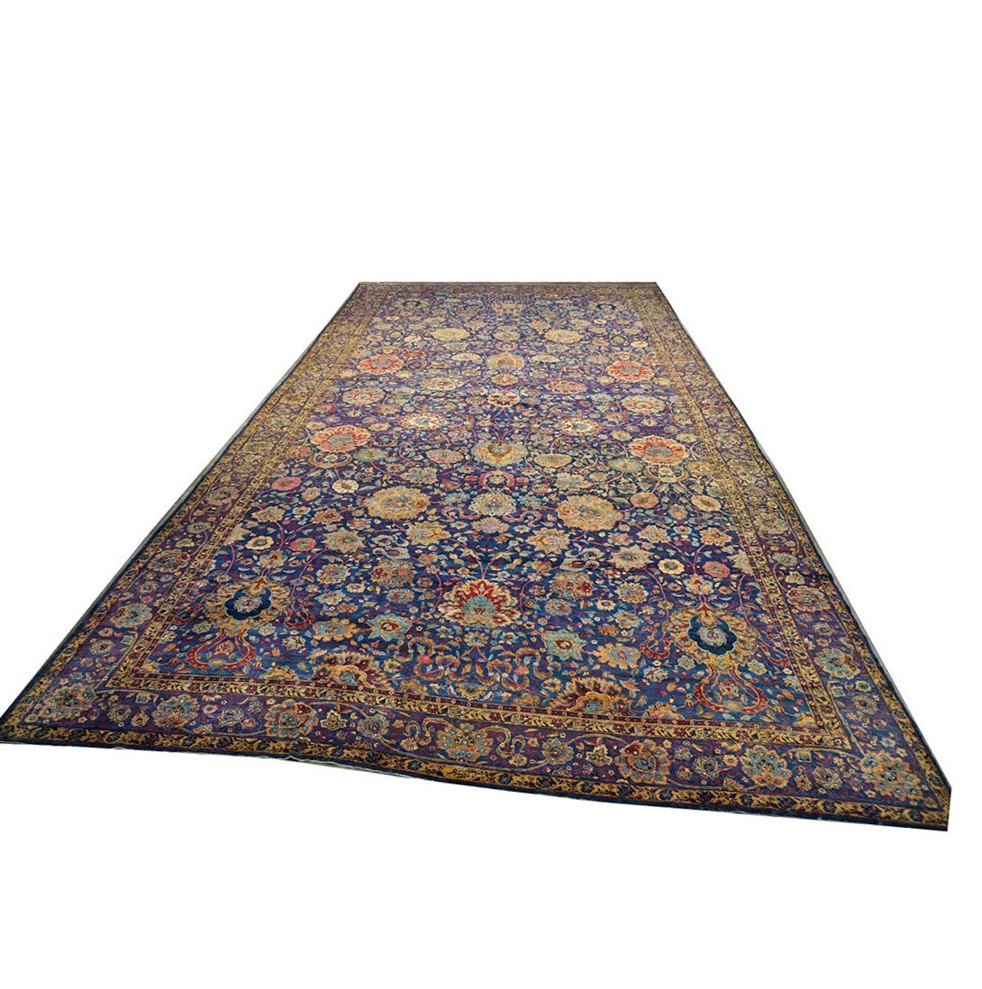 Antique Persian Yazd Wool 13x24 Blue & Camel Handmade Oversized Area Rug #1144721