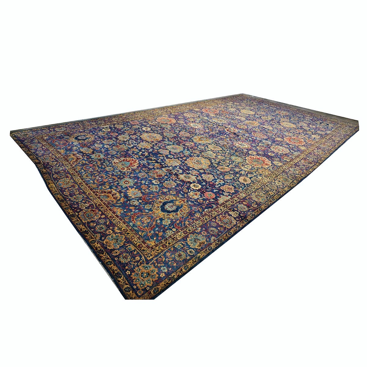 Antique Persian Yazd Wool 13x24 Blue & Camel Handmade Oversized Area Rug #1144721