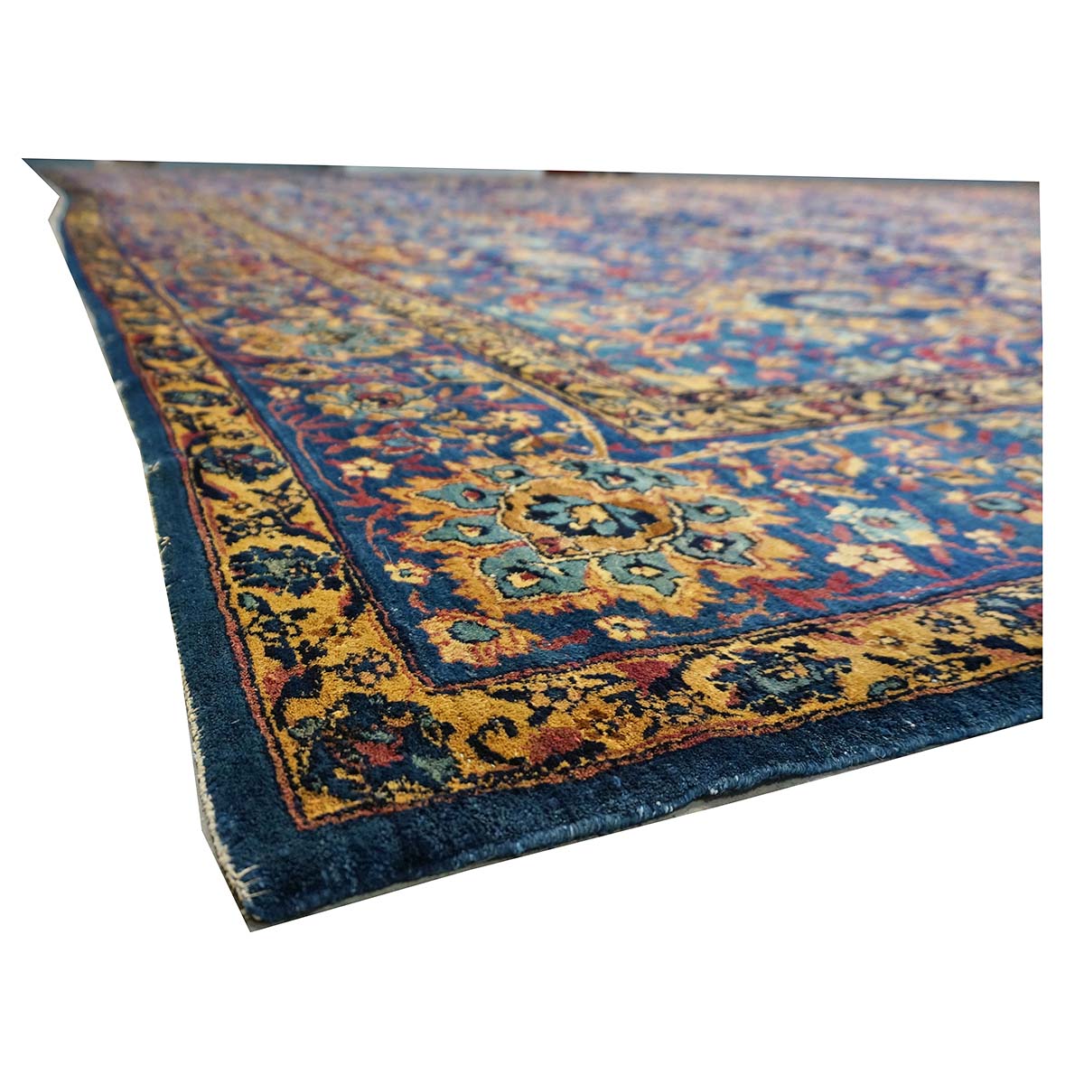 Antique Persian Yazd Wool 13x24 Blue & Camel Handmade Oversized Area Rug #1144721