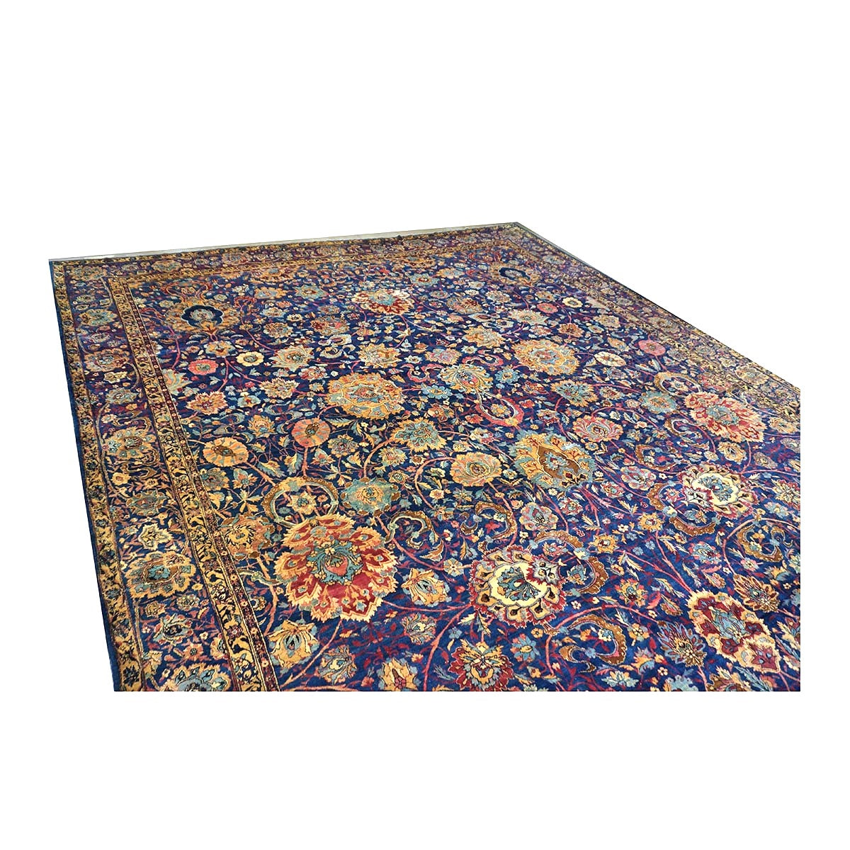 Antique Persian Yazd Wool 13x24 Blue & Camel Handmade Oversized Area Rug #1144721