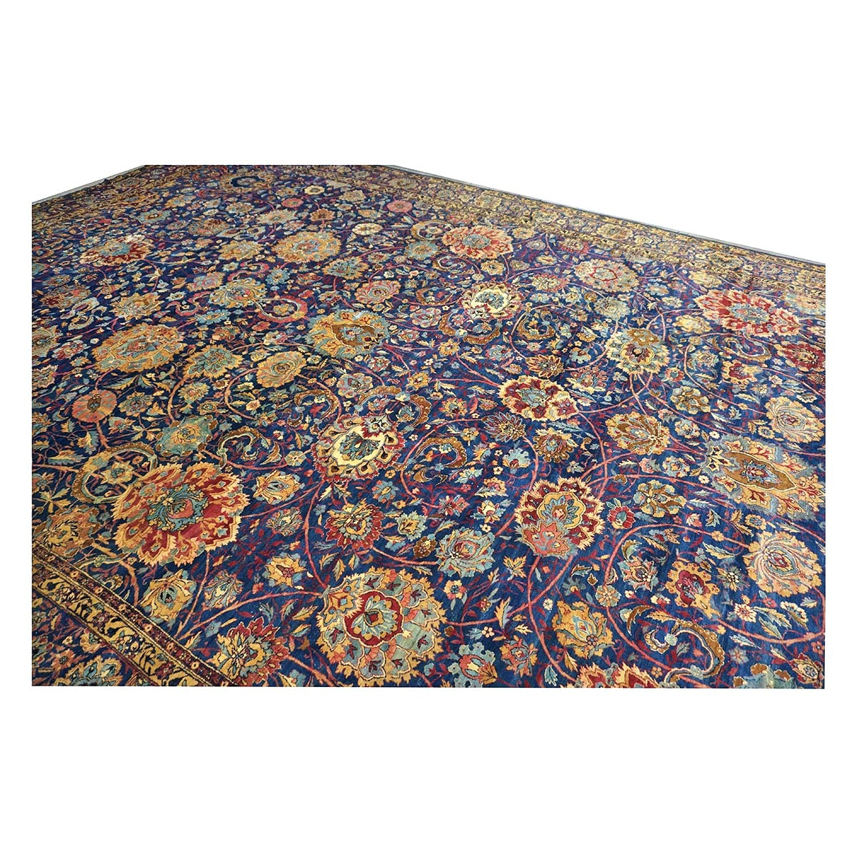 Antique Persian Yazd Wool 13x24 Blue & Camel Handmade Oversized Area Rug #1144721