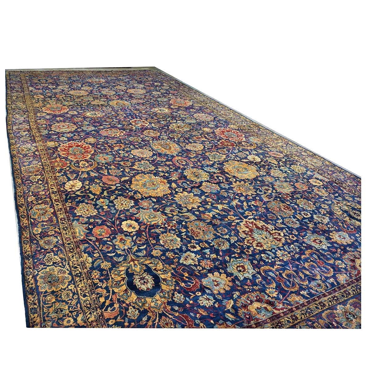 Antique Persian Yazd Wool 13x24 Blue & Camel Handmade Oversized Area Rug #1144721