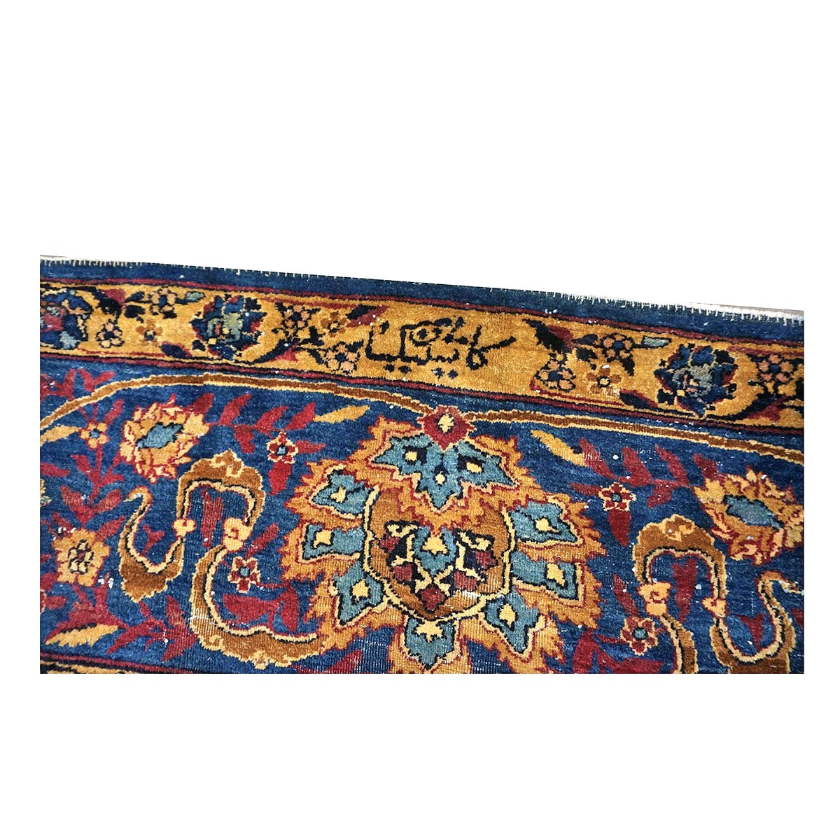 Antique Persian Yazd Wool 13x24 Blue & Camel Handmade Oversized Area Rug #1144721