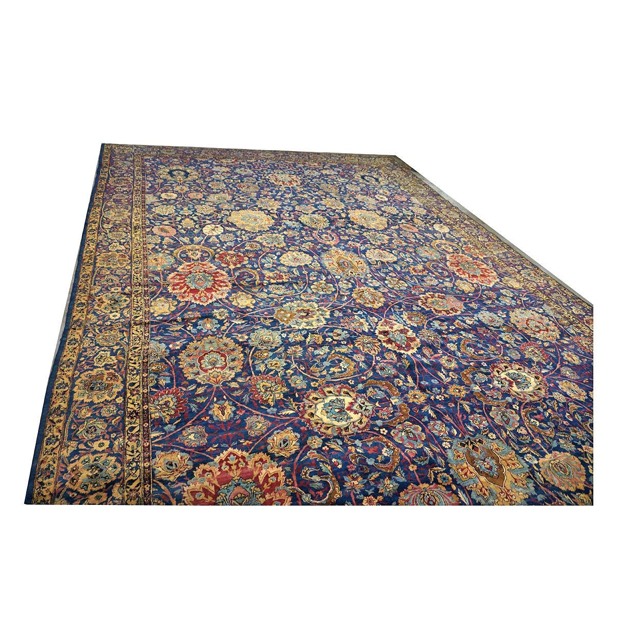 Antique Persian Yazd Wool 13x24 Blue & Camel Handmade Oversized Area Rug #1144721