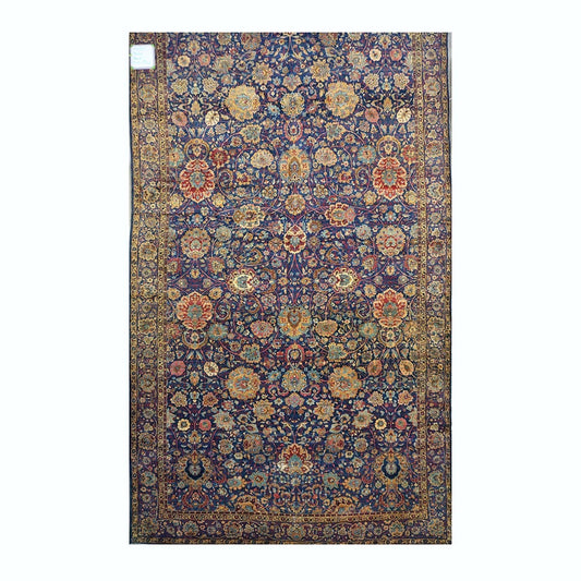 Antique Persian Yazd Wool 13x24 Blue & Camel Handmade Oversized Area Rug #1144721