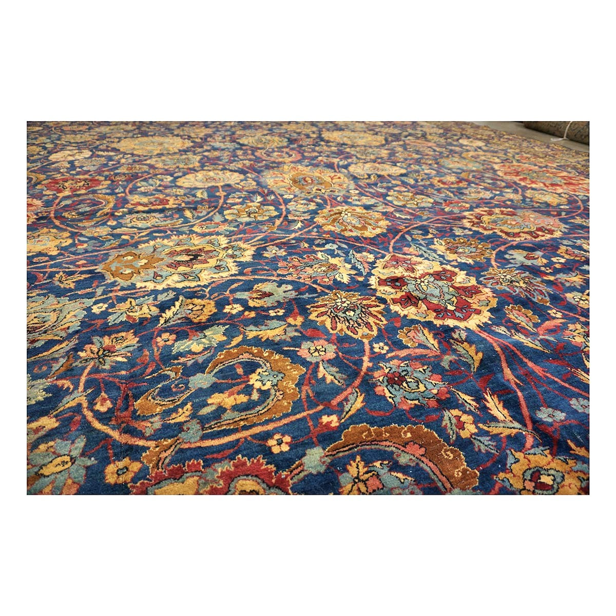 Antique Persian Yazd Wool 13x24 Blue & Camel Handmade Oversized Area Rug #1144721