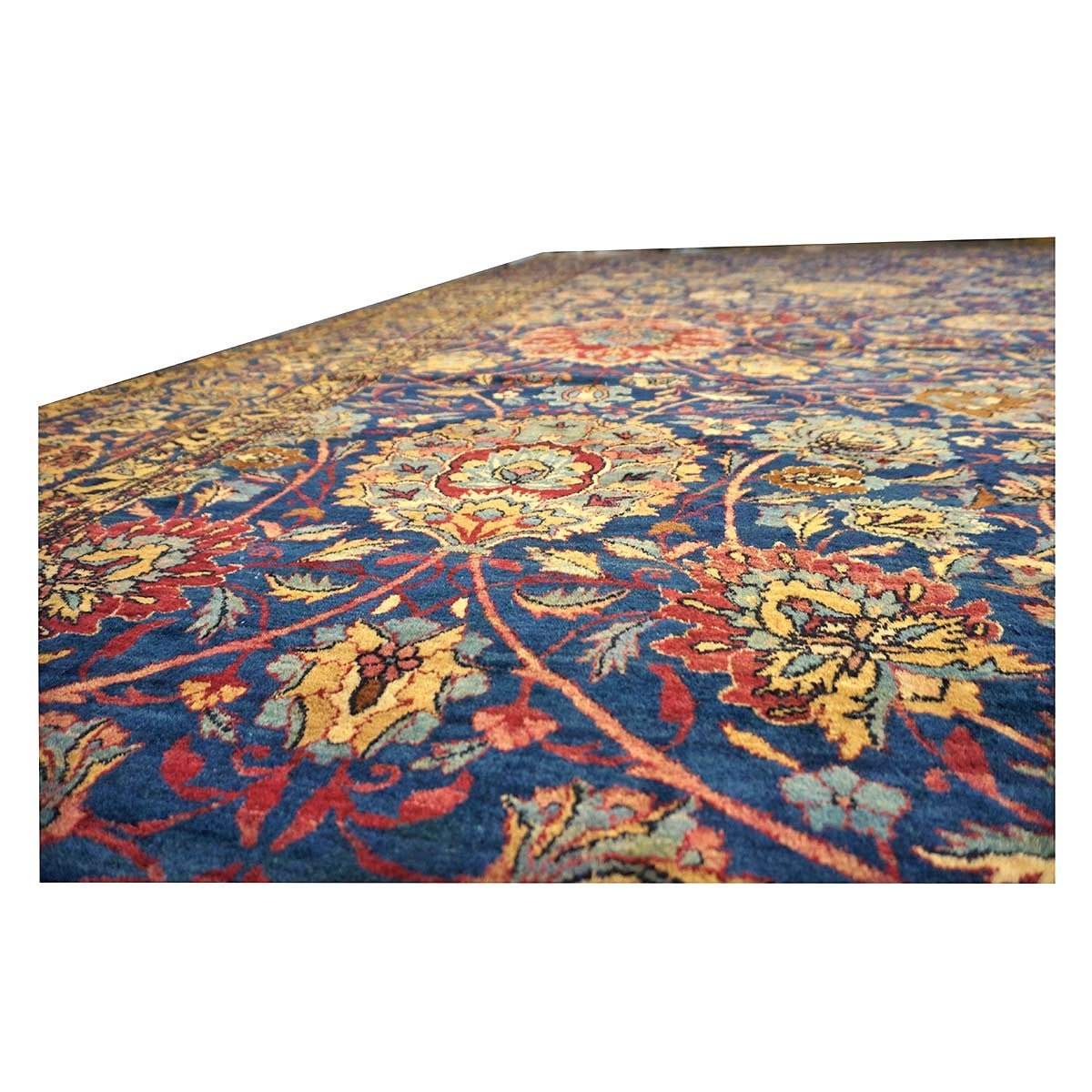 Antique Persian Yazd Wool 13x24 Blue & Camel Handmade Oversized Area Rug #1144721