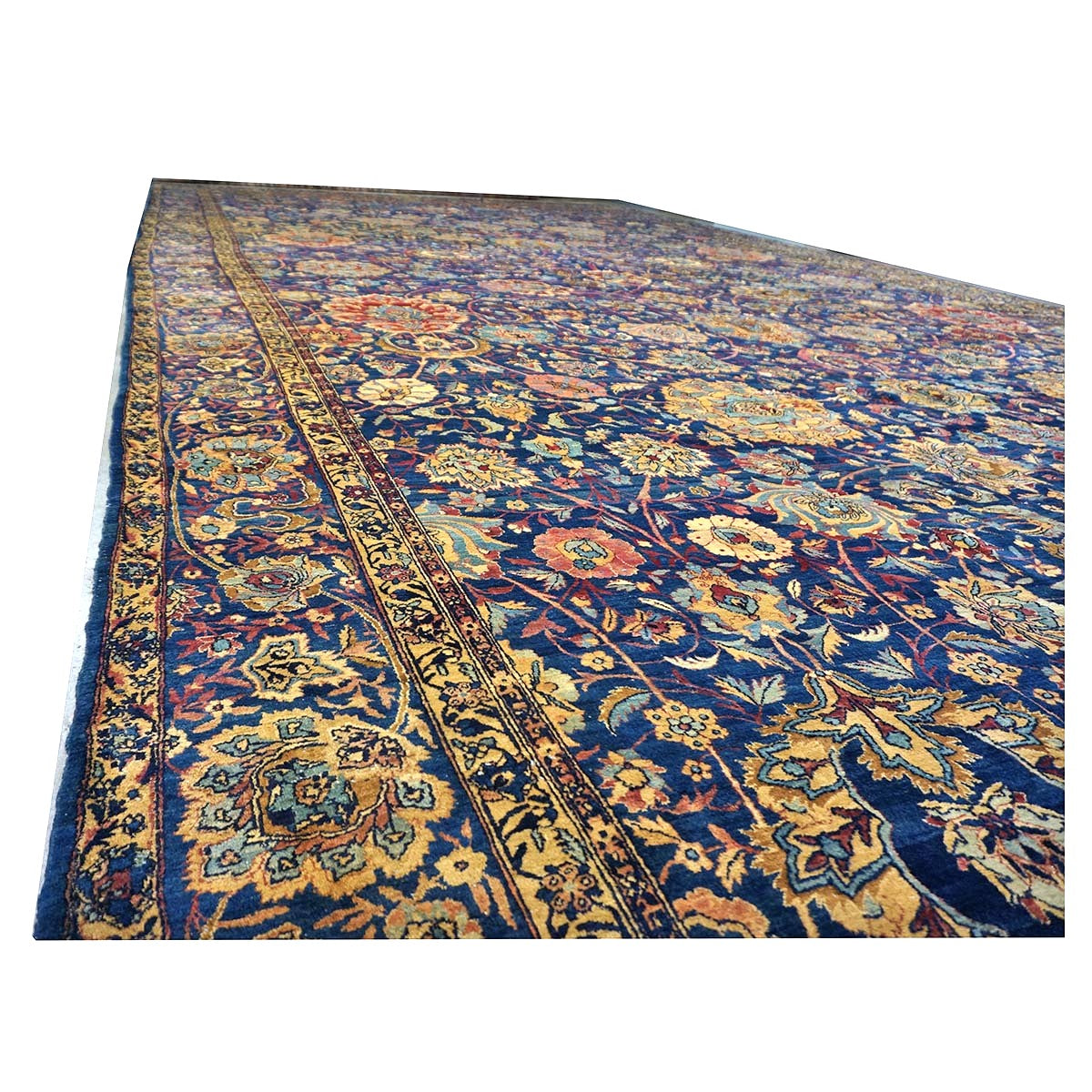 Antique Persian Yazd Wool 13x24 Blue & Camel Handmade Oversized Area Rug #1144721