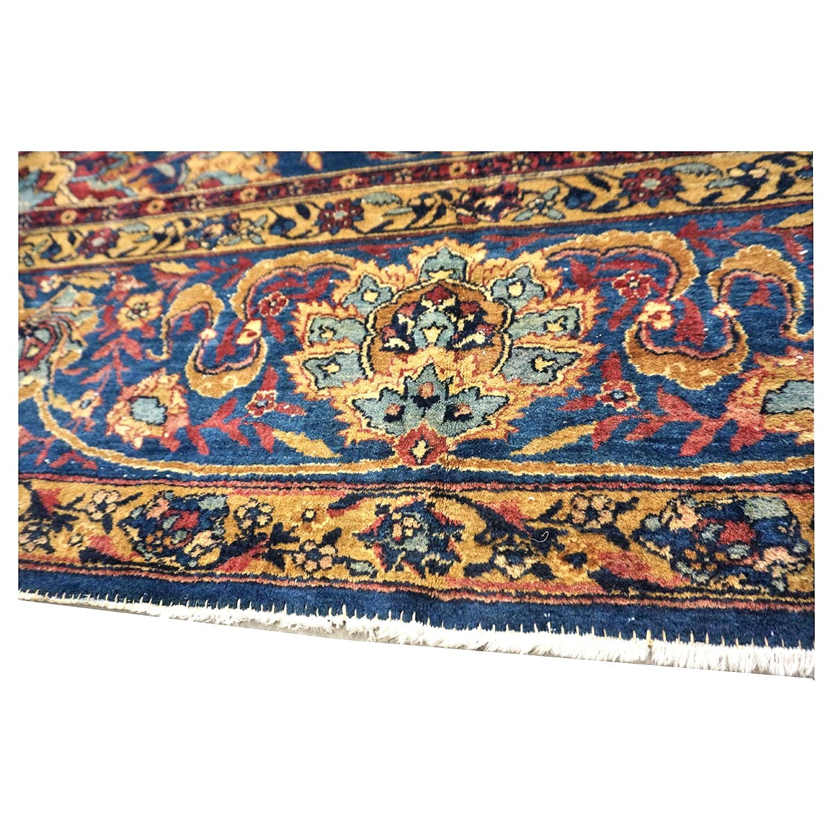Antique Persian Yazd Wool 13x24 Blue & Camel Handmade Oversized Area Rug #1144721