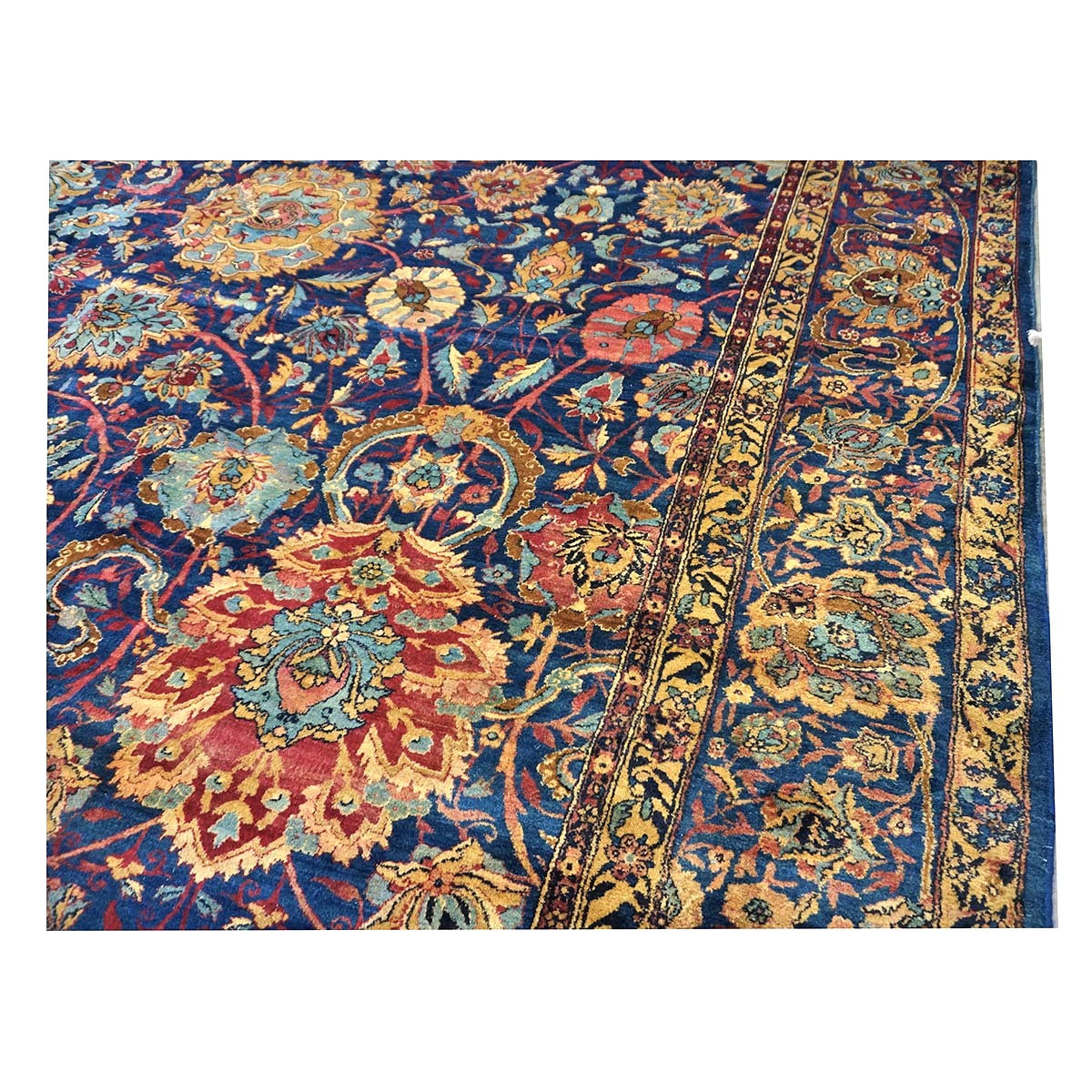 Antique Persian Yazd Wool 13x24 Blue & Camel Handmade Oversized Area Rug #1144721