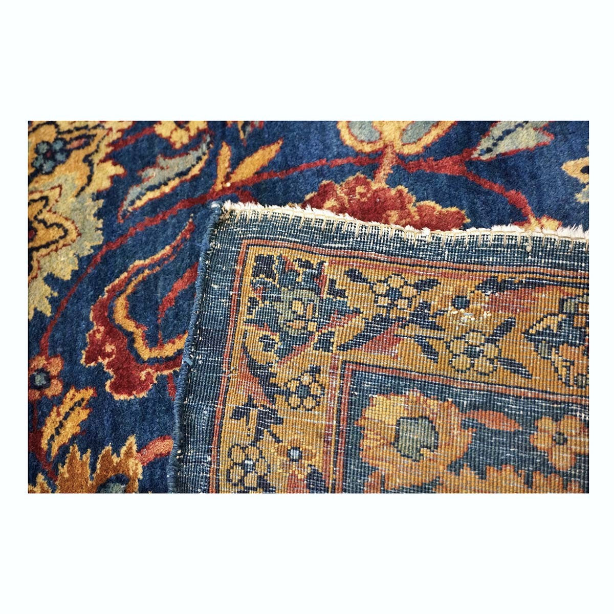 Antique Persian Yazd Wool 13x24 Blue & Camel Handmade Oversized Area Rug #1144721