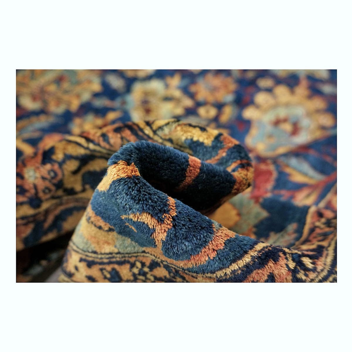 Antique Persian Yazd Wool 13x24 Blue & Camel Handmade Oversized Area Rug #1144721