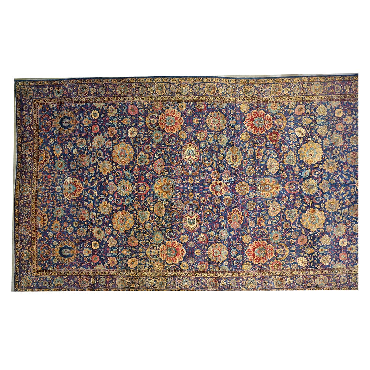 Antique Persian Yazd Wool 13x24 Blue & Camel Handmade Oversized Area Rug #1144721