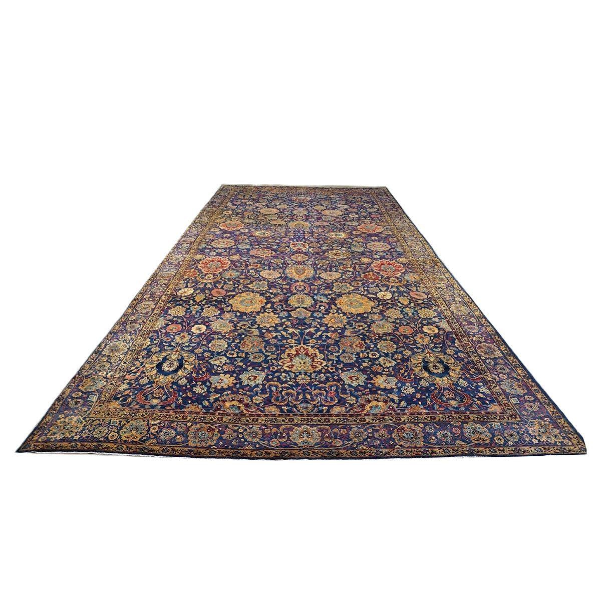 Antique Persian Yazd Wool 13x24 Blue & Camel Handmade Oversized Area Rug #1144721