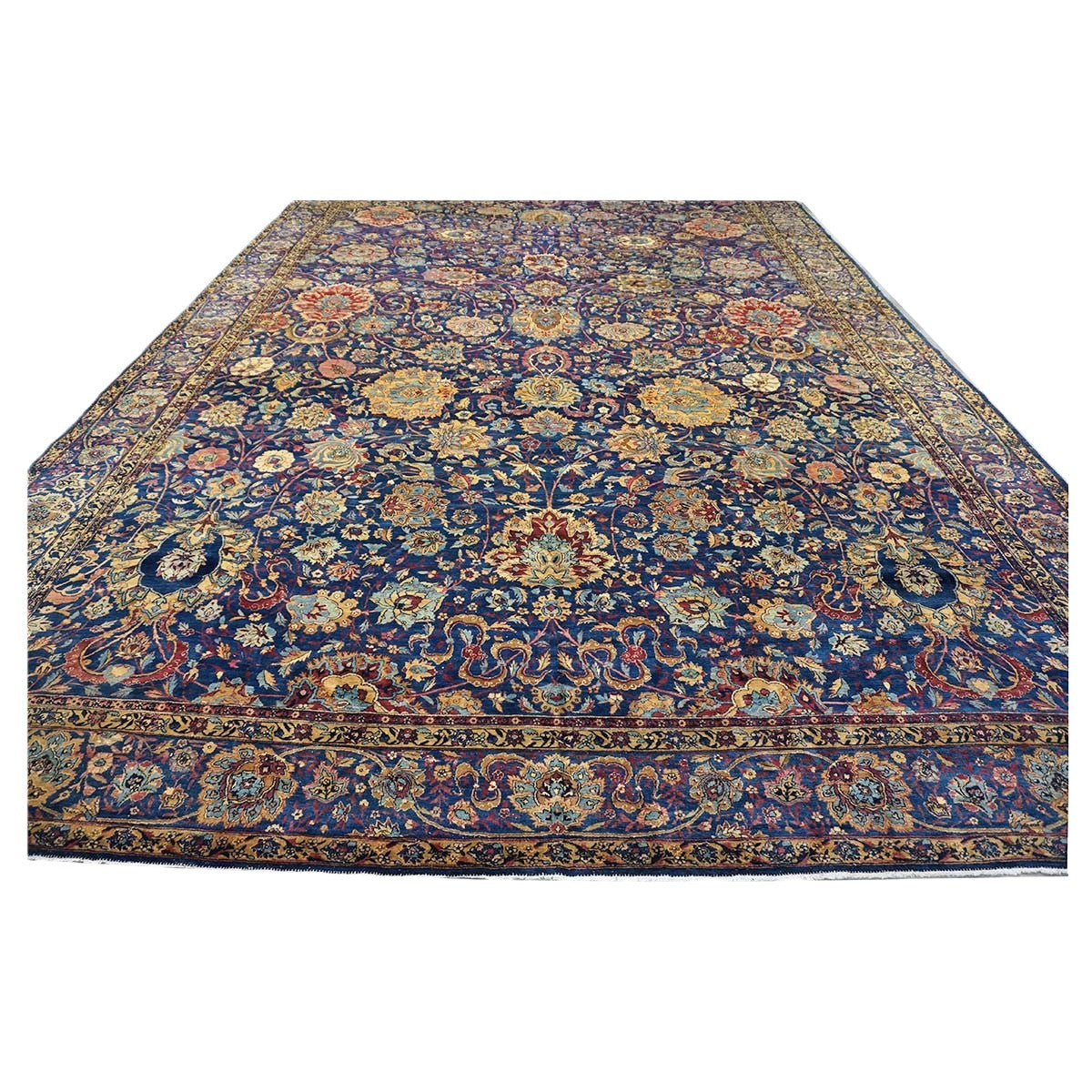 Antique Persian Yazd Wool 13x24 Blue & Camel Handmade Oversized Area Rug #1144721