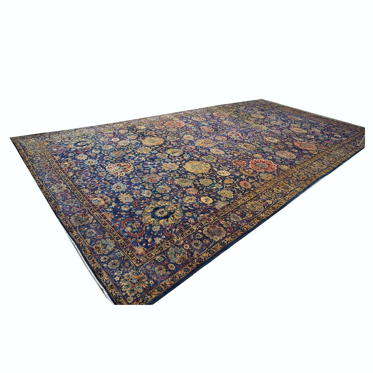 Antique Persian Yazd Wool 13x24 Blue & Camel Handmade Oversized Area Rug #1144721