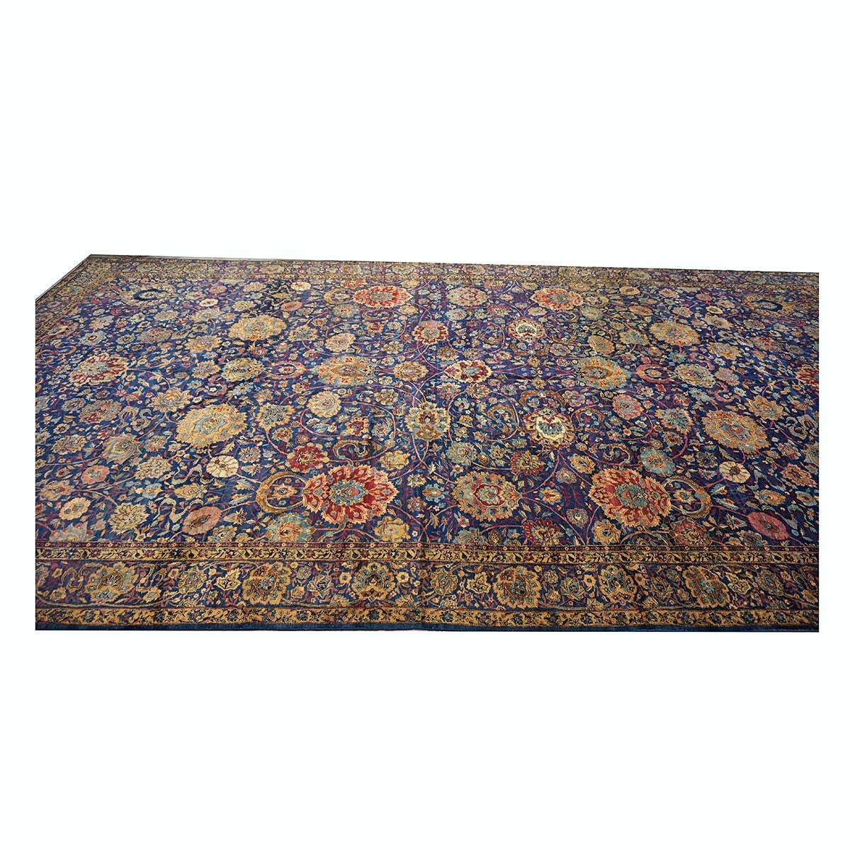 Antique Persian Yazd Wool 13x24 Blue & Camel Handmade Oversized Area Rug #1144721