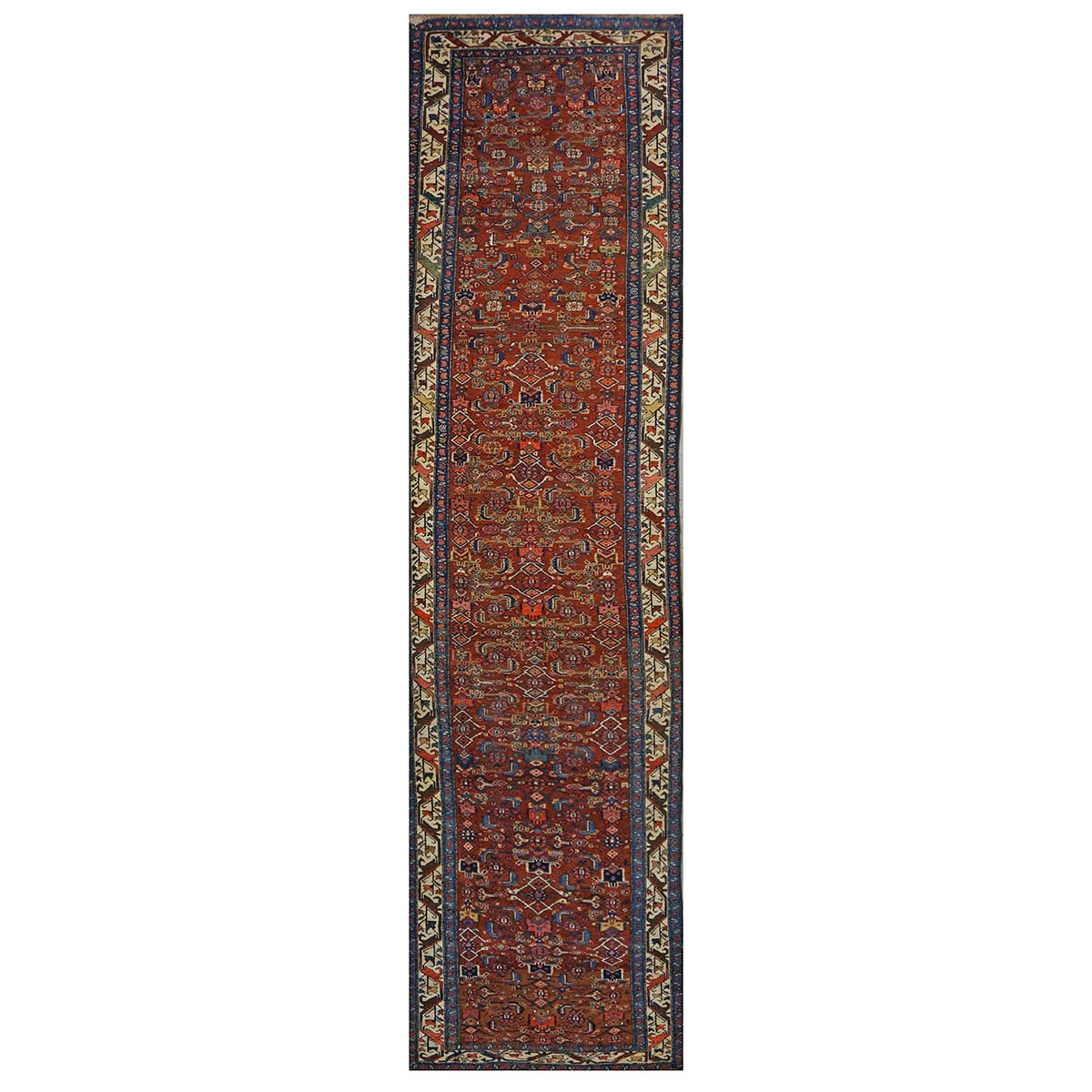 Antique Persian Bijar Wool 4x16 Red, Blue & Ivory Handmade Gallery Rug #1144728