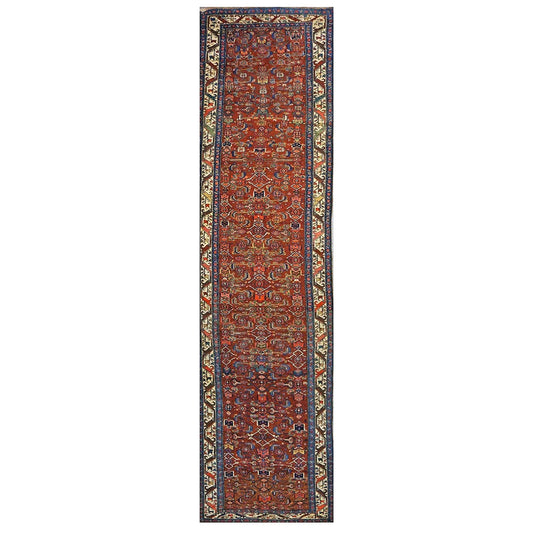 Antique Persian Bijar Wool 4x16 Red, Blue & Ivory Handmade Gallery Rug #1144728