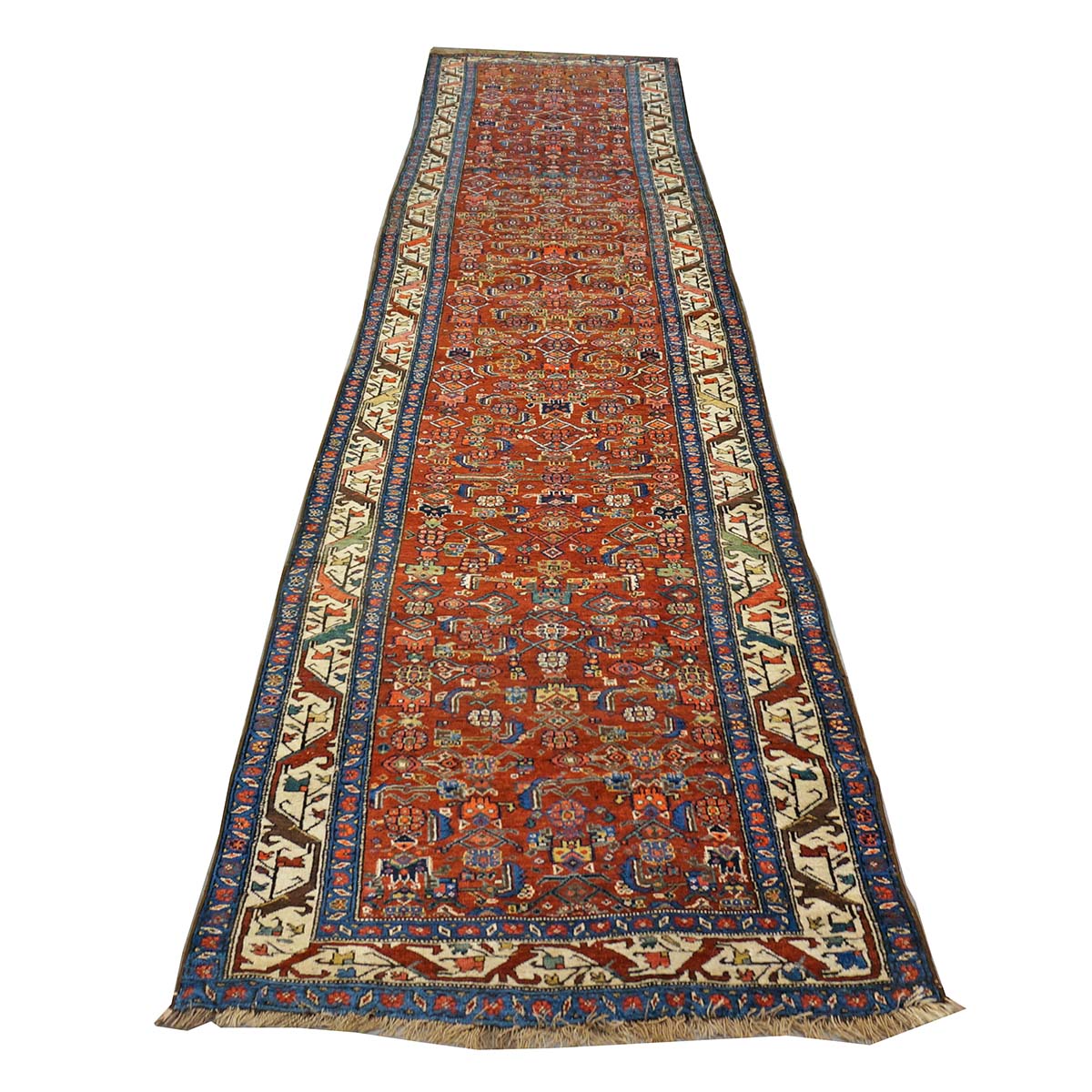 Antique Persian Bijar Wool 4x16 Red, Blue & Ivory Handmade Gallery Rug #1144728