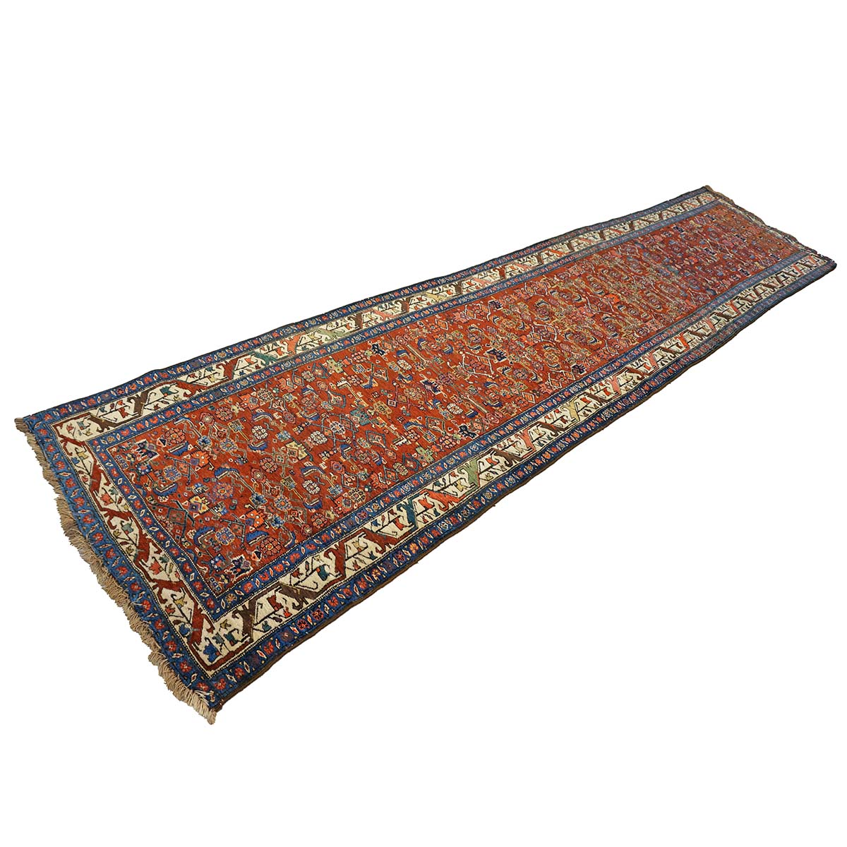 Antique Persian Bijar Wool 4x16 Red, Blue & Ivory Handmade Gallery Rug #1144728
