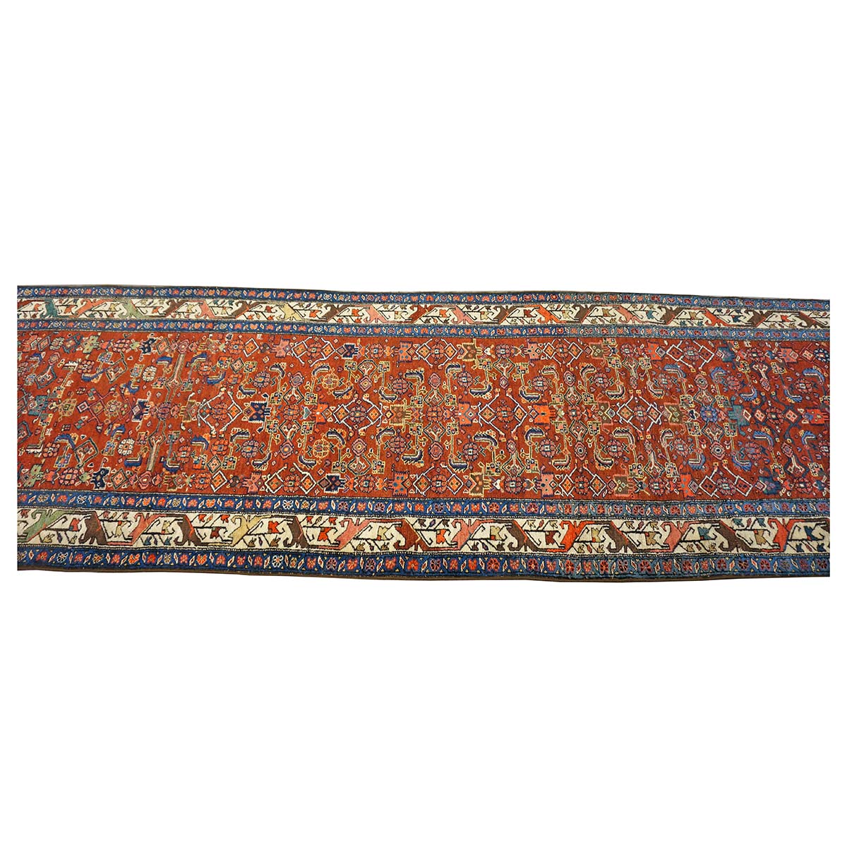 Antique Persian Bijar Wool 4x16 Red, Blue & Ivory Handmade Gallery Rug #1144728