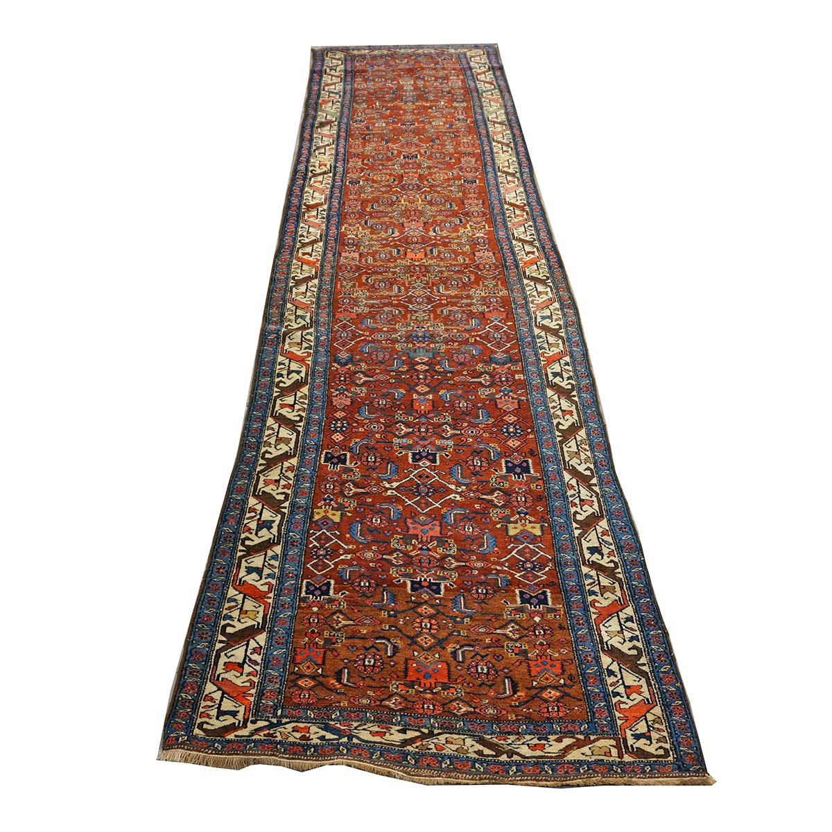 Antique Persian Bijar Wool 4x16 Red, Blue & Ivory Handmade Gallery Rug #1144728