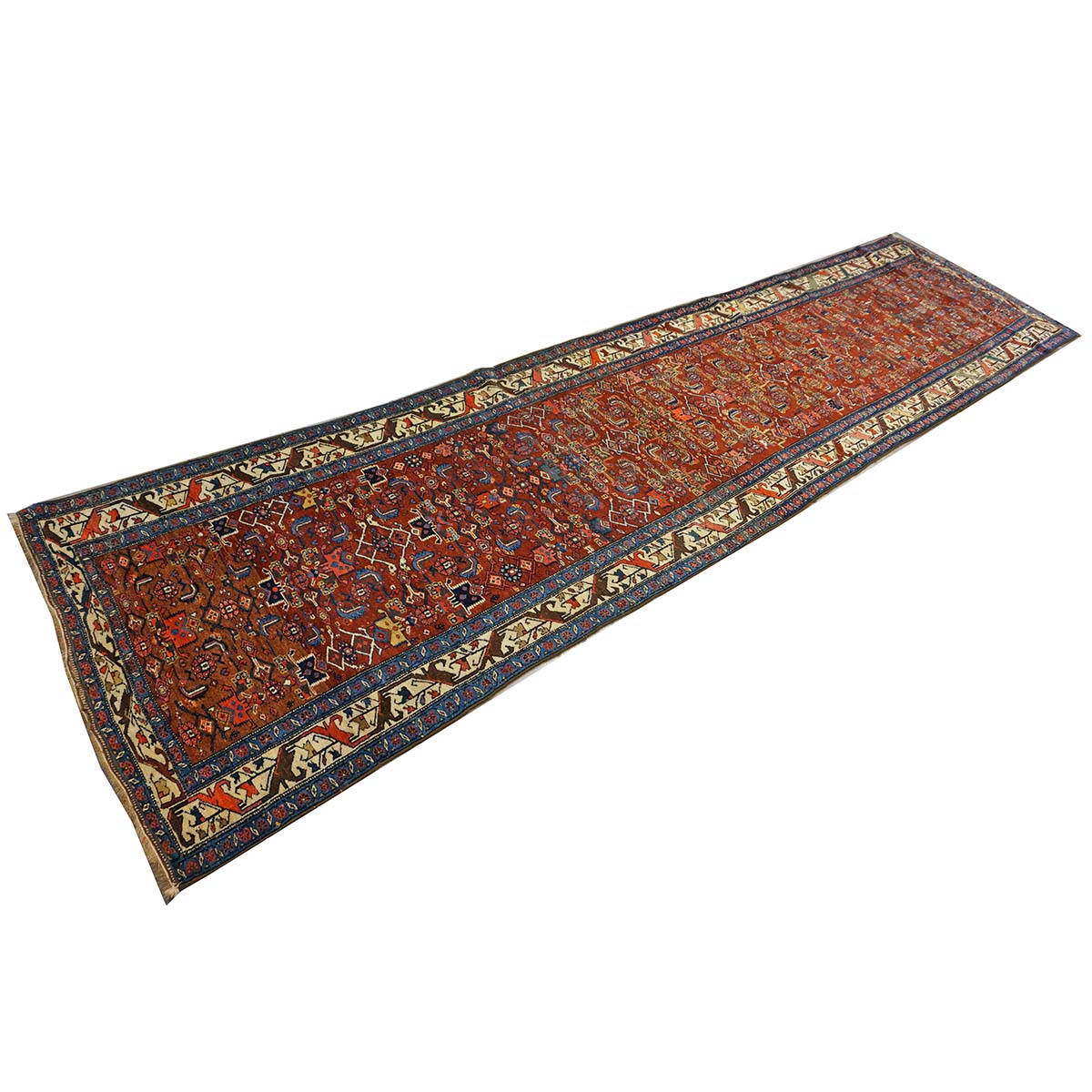 Antique Persian Bijar Wool 4x16 Red, Blue & Ivory Handmade Gallery Rug #1144728