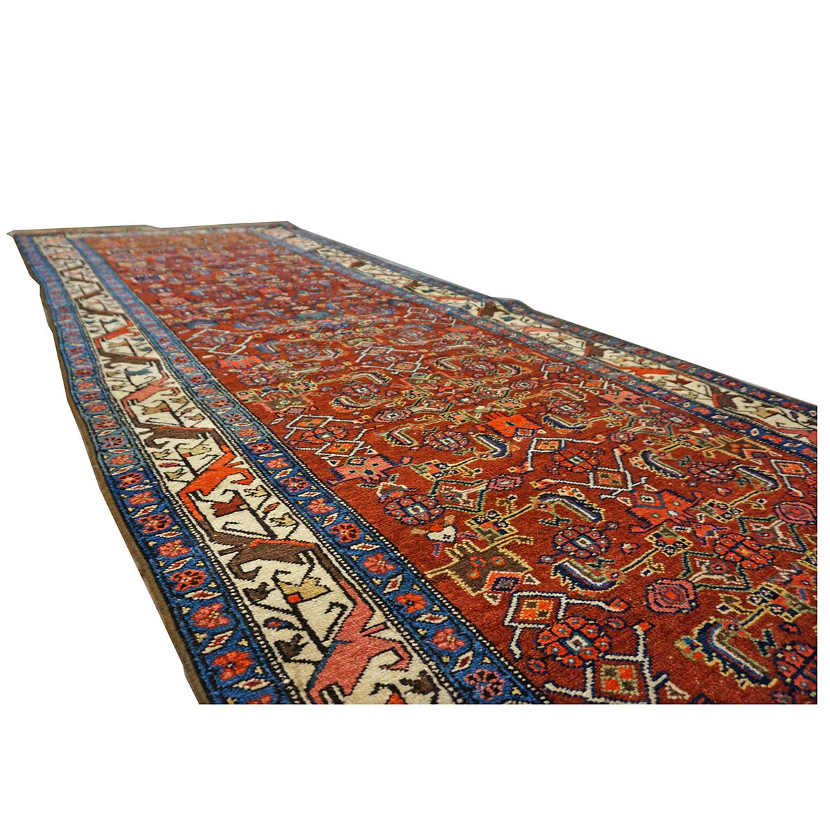 Antique Persian Bijar Wool 4x16 Red, Blue & Ivory Handmade Gallery Rug #1144728