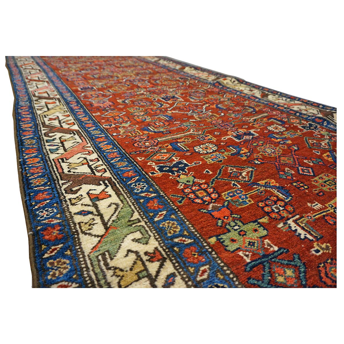 Antique Persian Bijar Wool 4x16 Red, Blue & Ivory Handmade Gallery Rug #1144728
