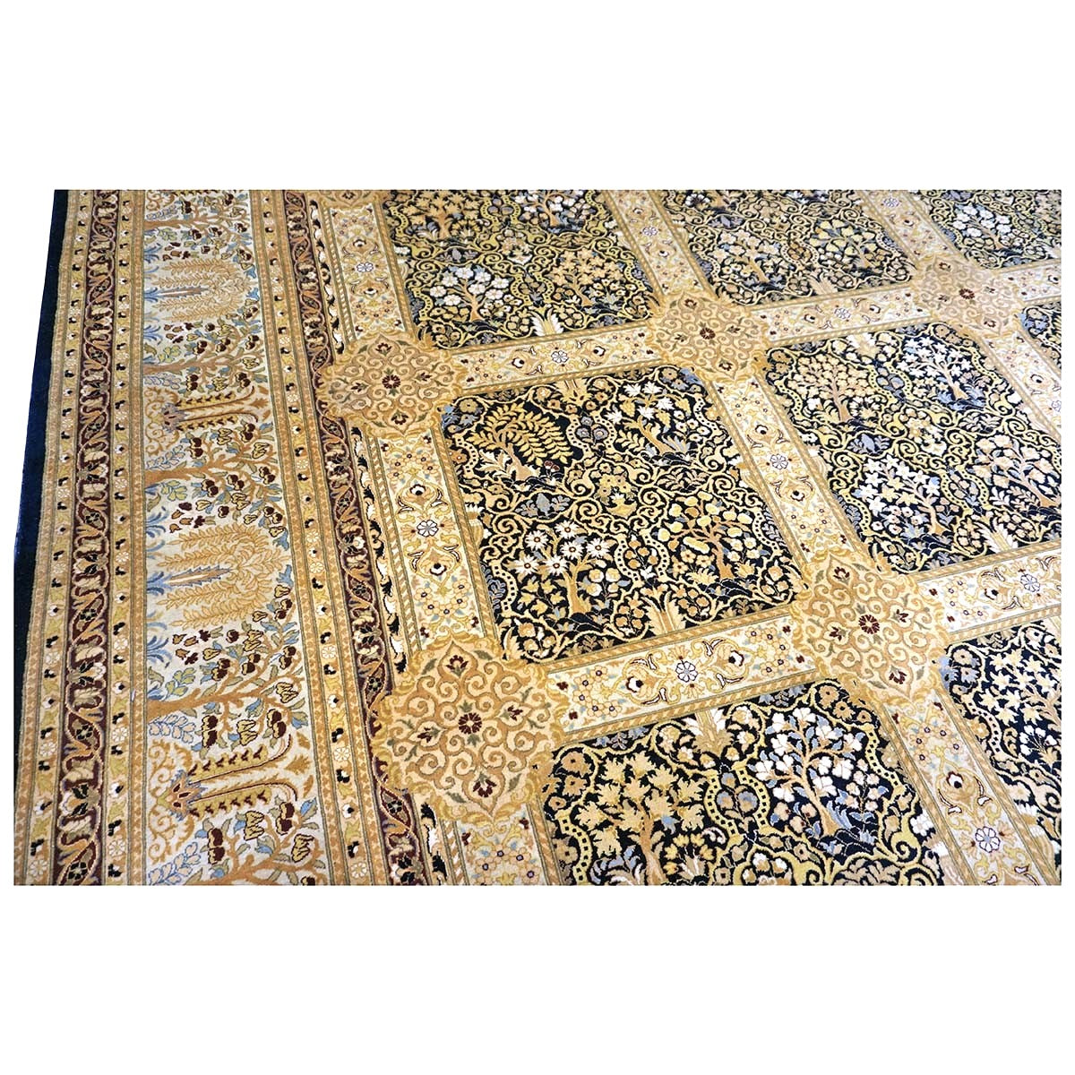 Vintage Pakistani Tabriz Wool 12x15 Ivory, Black & Gold Handmade Area Rug #1144730