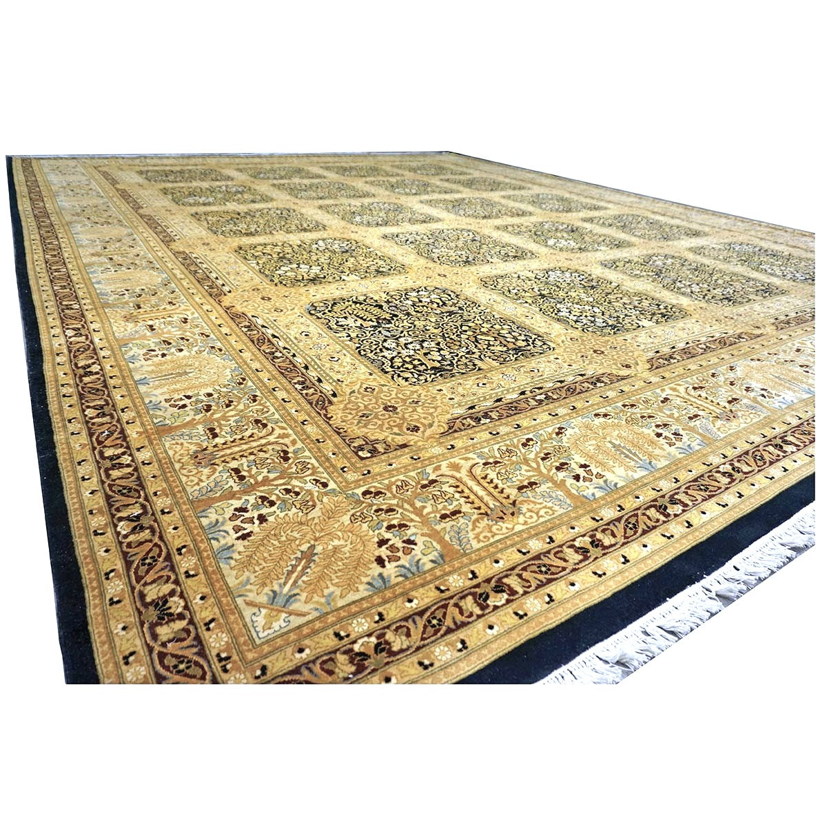 Vintage Pakistani Tabriz Wool 12x15 Ivory, Black & Gold Handmade Area Rug #1144730