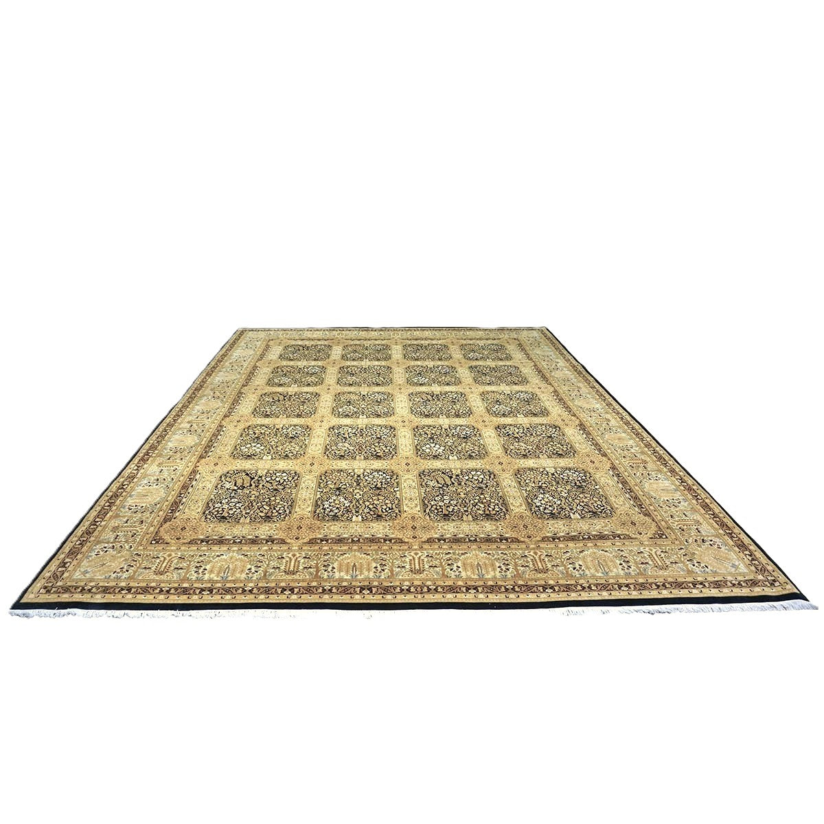 Vintage Pakistani Tabriz Wool 12x15 Ivory, Black & Gold Handmade Area Rug #1144730