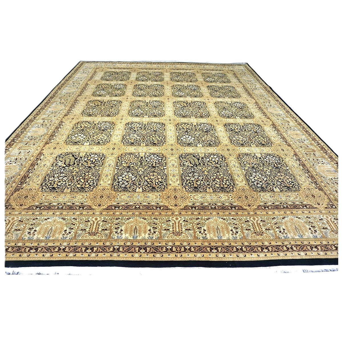 Vintage Pakistani Tabriz Wool 12x15 Ivory, Black & Gold Handmade Area Rug #1144730