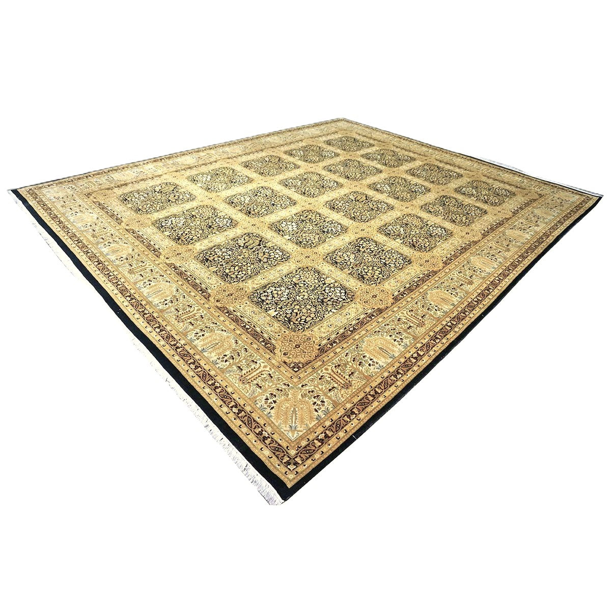 Vintage Pakistani Tabriz Wool 12x15 Ivory, Black & Gold Handmade Area Rug #1144730