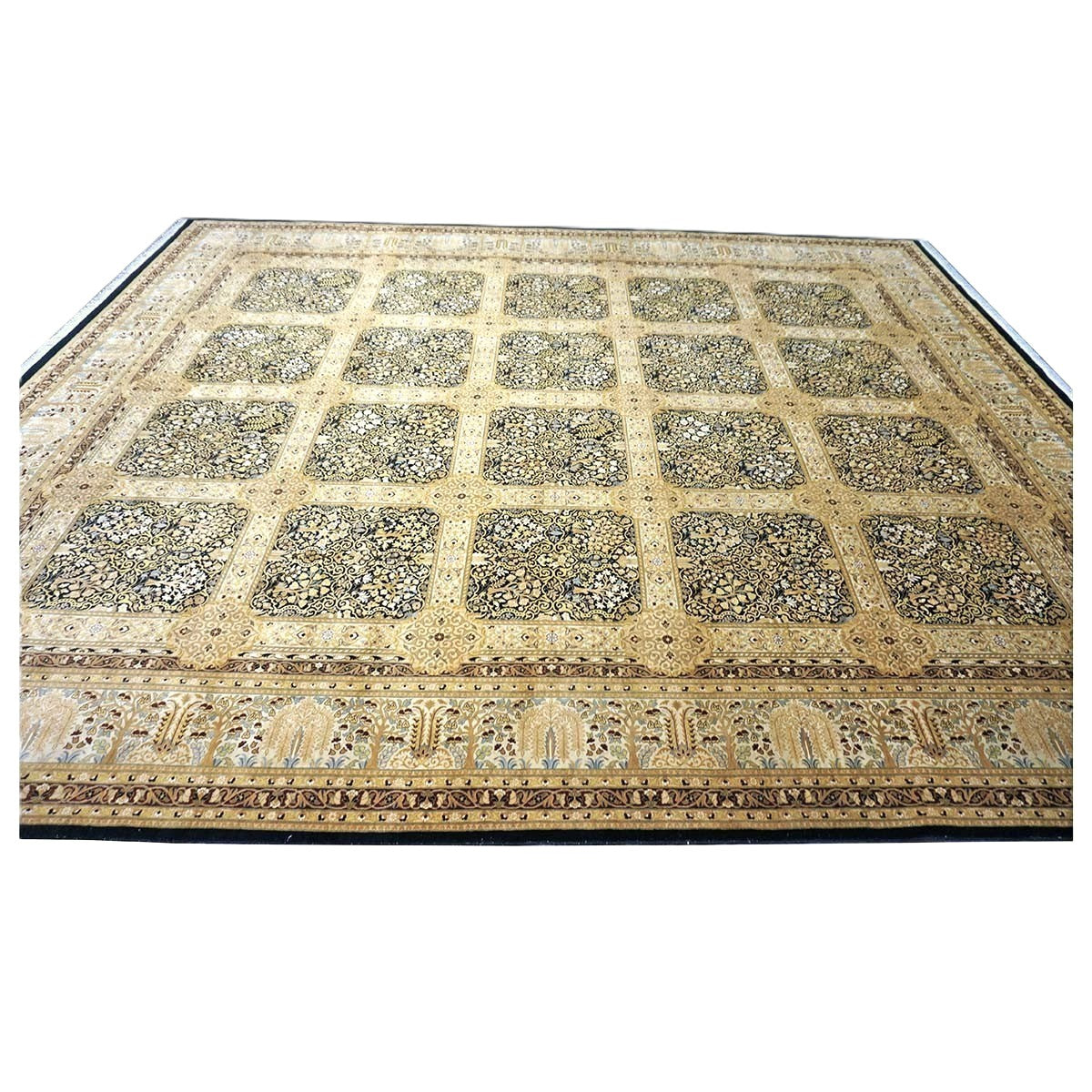 Vintage Pakistani Tabriz Wool 12x15 Ivory, Black & Gold Handmade Area Rug #1144730