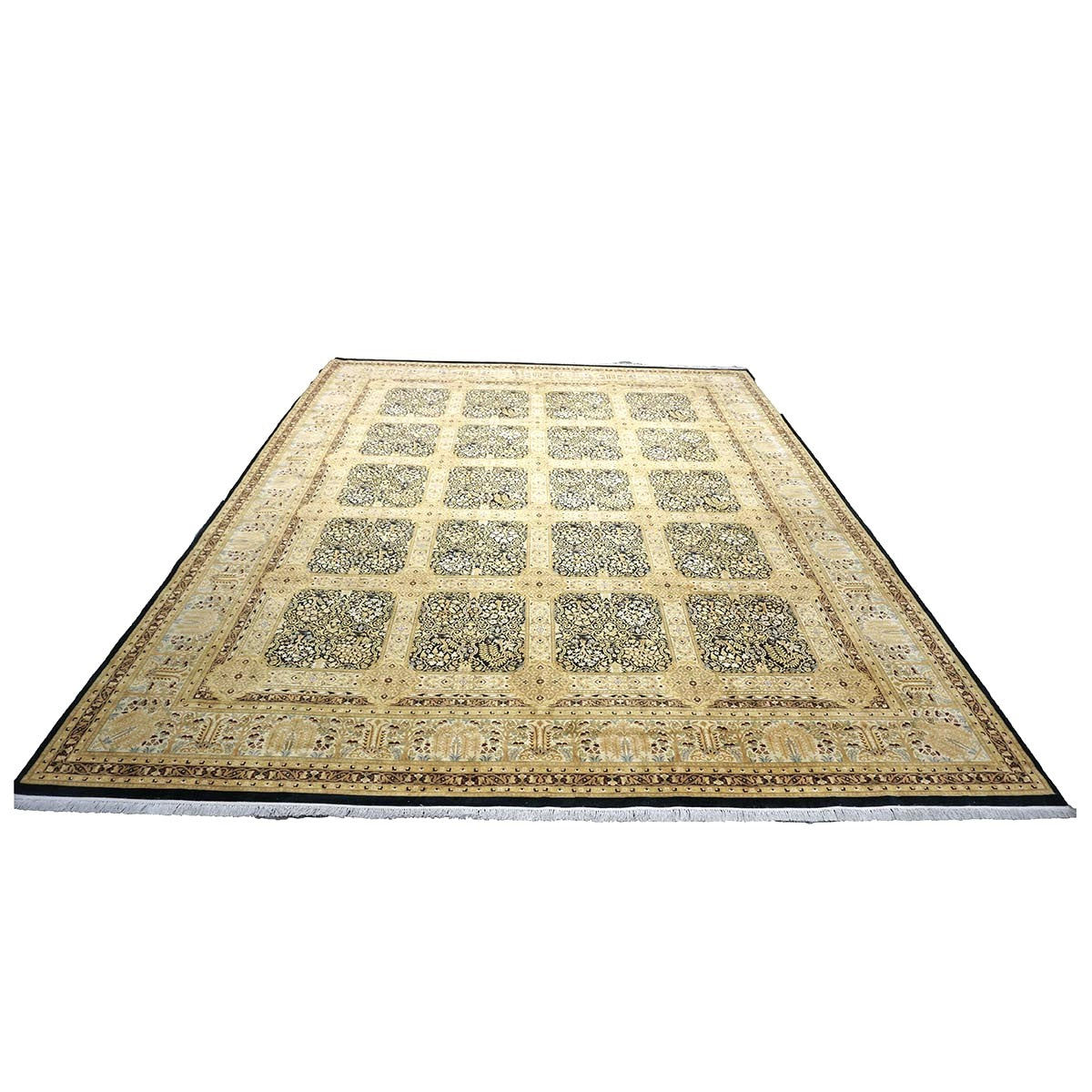 Vintage Pakistani Tabriz Wool 12x15 Ivory, Black & Gold Handmade Area Rug #1144730