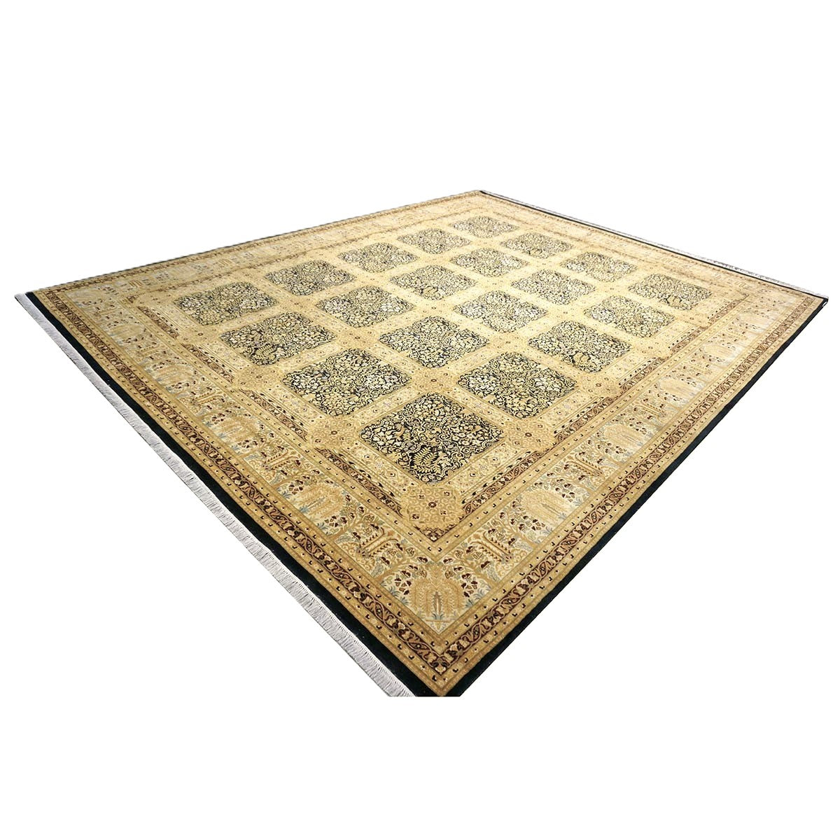 Vintage Pakistani Tabriz Wool 12x15 Ivory, Black & Gold Handmade Area Rug #1144730