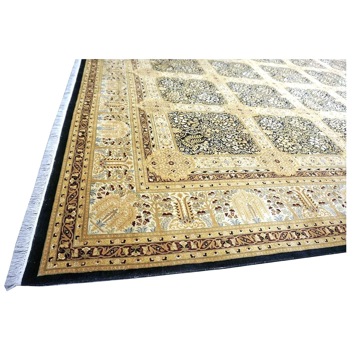 Vintage Pakistani Tabriz Wool 12x15 Ivory, Black & Gold Handmade Area Rug #1144730